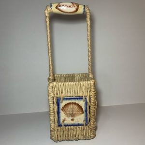 Woven Cottage Wicker Basket w/Hand-Painted Ceramic Tile Shell Painting